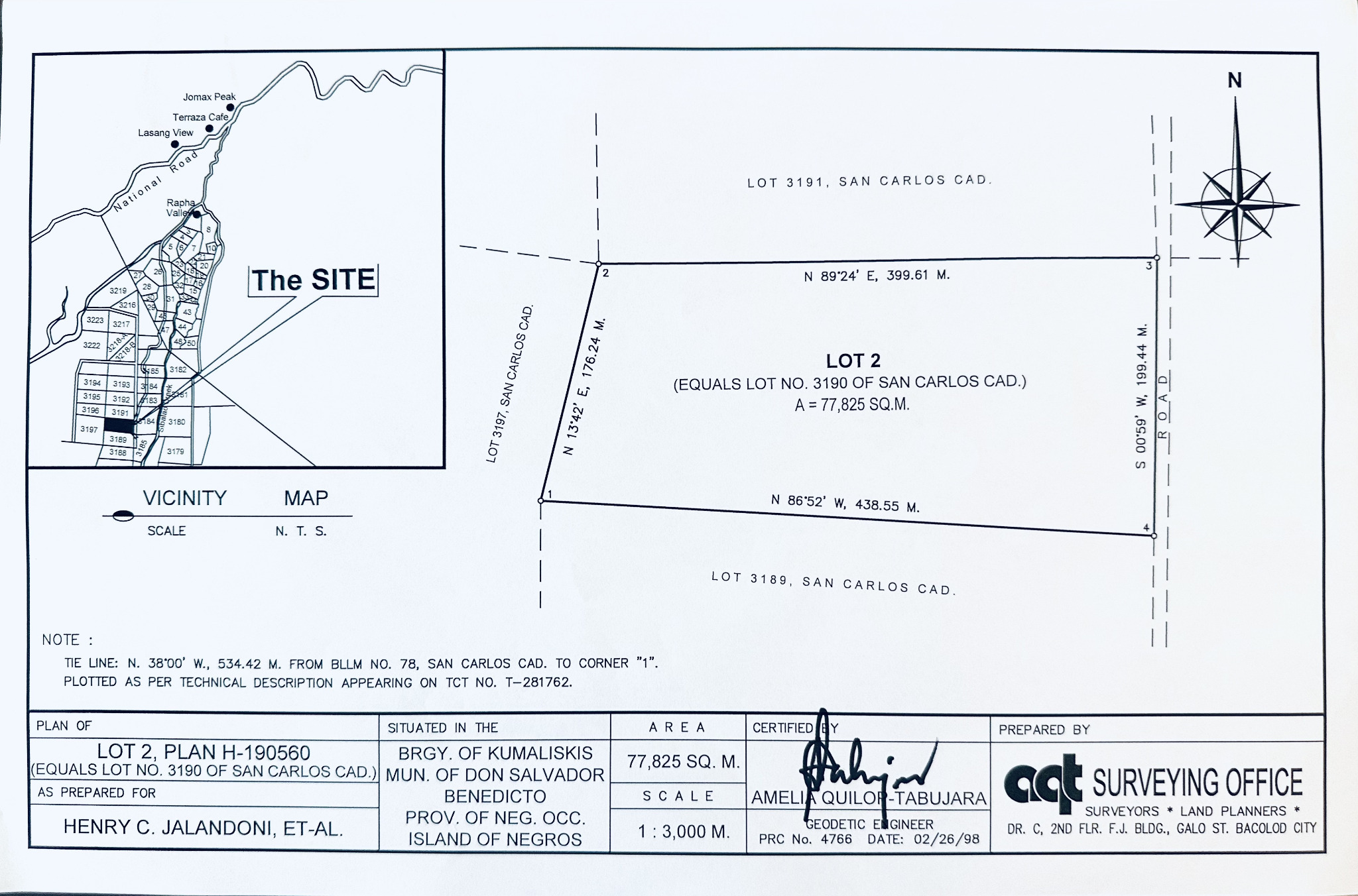 Survey plan for Lot 3190, also identified as Plan Lot 2